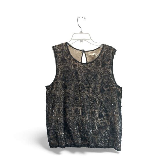 Max Studio XL Black Sequin Sleeveless Lace Floral Mesh Top Nude Lining Holiday - Picture 2 of 9